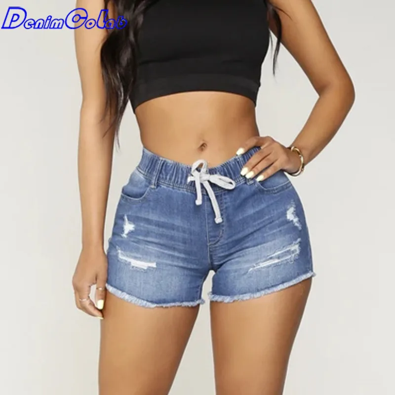 

Denimcolab High Elastic Waist Summer Denim Shorts Women Skinny Lace Up Slim Fit Ripped Jeans Ladies Rope Casual Short Hots Jeans