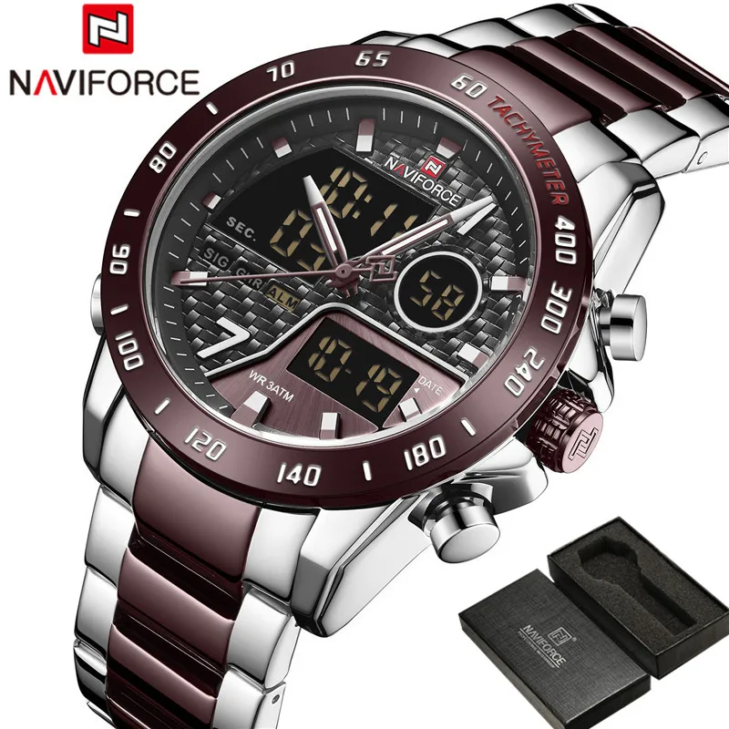 NAVIFORCE модные мужские часы кварцевые цифровые военные спортивные нержавеющая