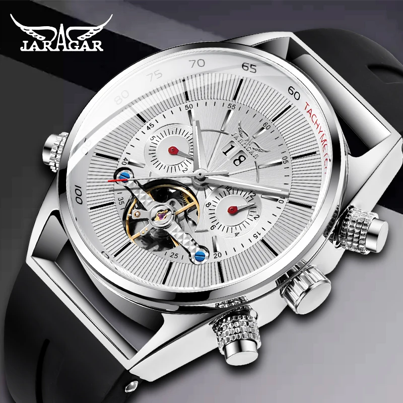 JARAGA часы Tourbillion модные черные силиконовые часы многофункциональные автоматические мужские часы механические часы для мужчин