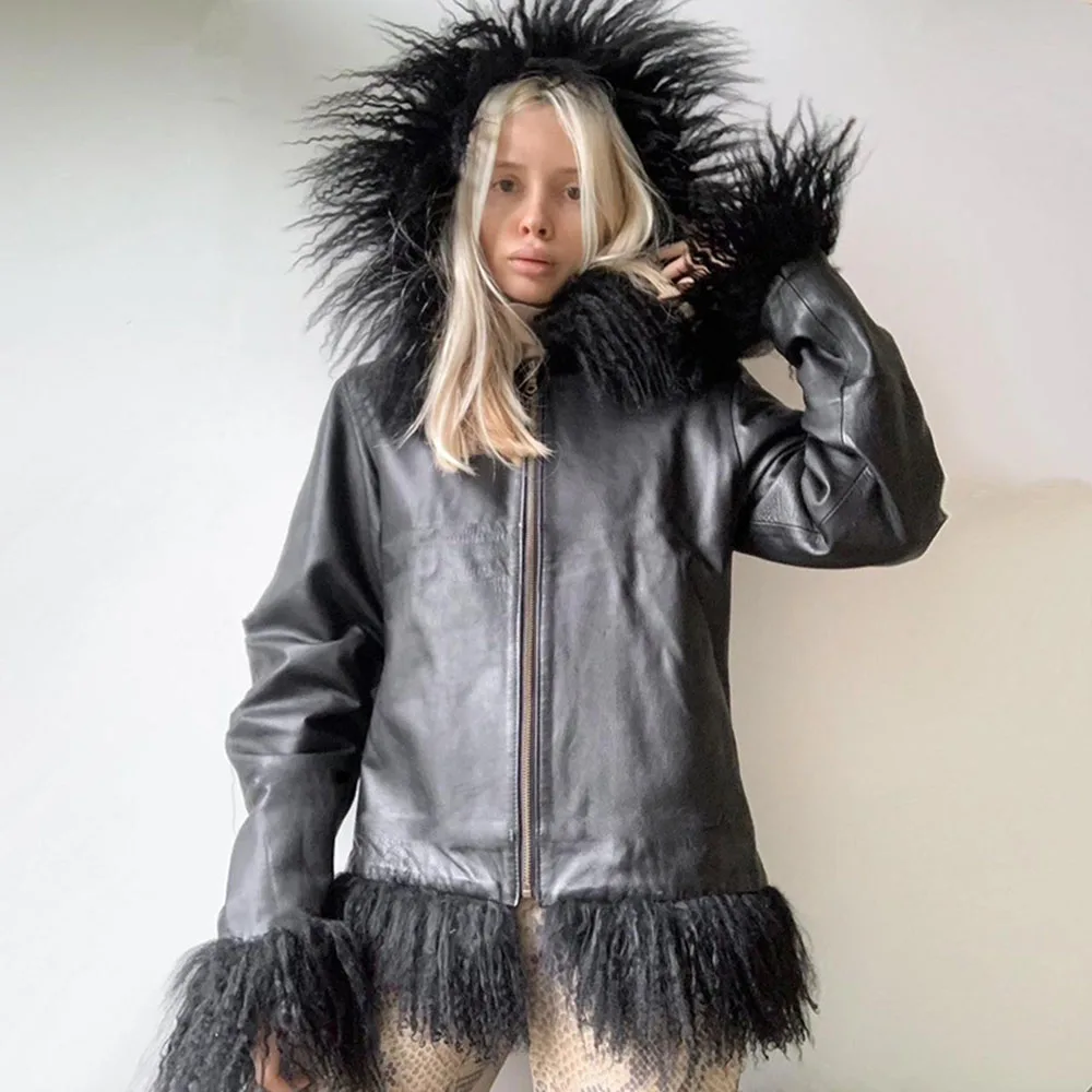 

2021 Autumn And Winter New Women's Wool Stitched PU Leather Zipper Hooded Loose PU Jacket Coat Long Sleeve Lapel Coat