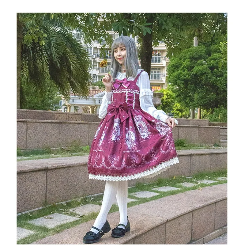 

Japanese sweet princess lolita dress vintage lace bowknot cute printing victorian dress kawaii girl gothic lolita jsk loli cos