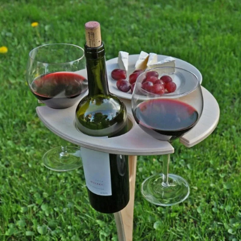 Mesa de Vinho de Madeira Mesa de Piquenique Rack de Vidro ao ar Livre Cample Portátil Vinho Dobrável Mesa Redonda