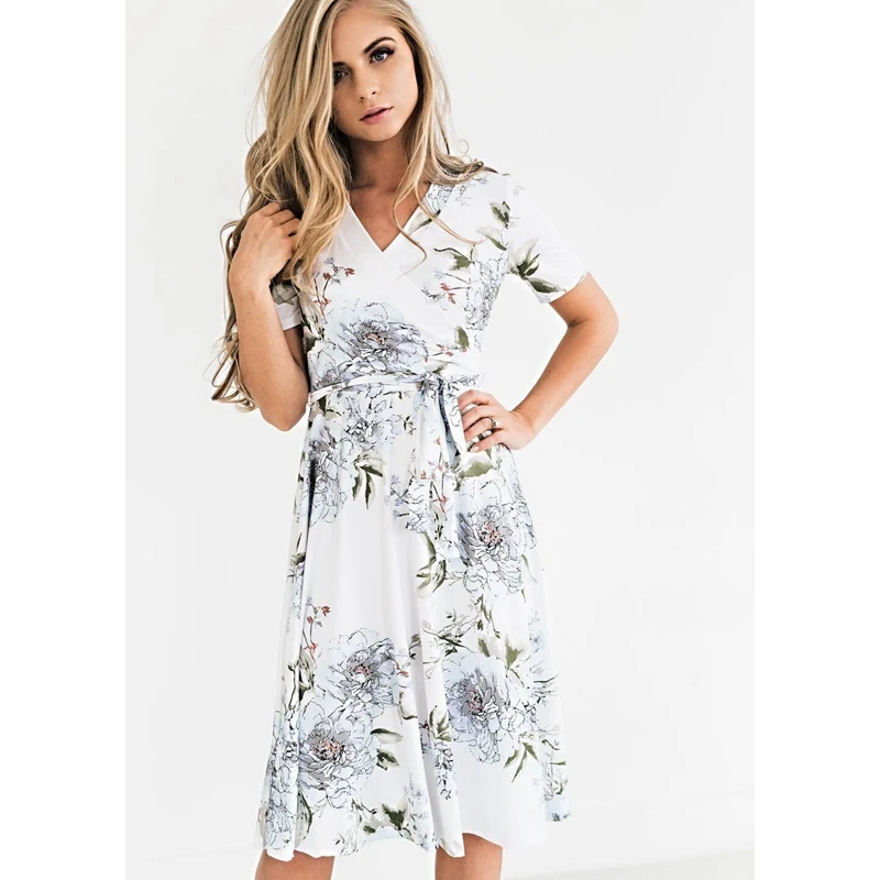 

Hot Sale Women's Summer Bohemian Floral V-Neck Loose Empire Short Sleeve Fashion Casual Belted Dress Midi Sundress