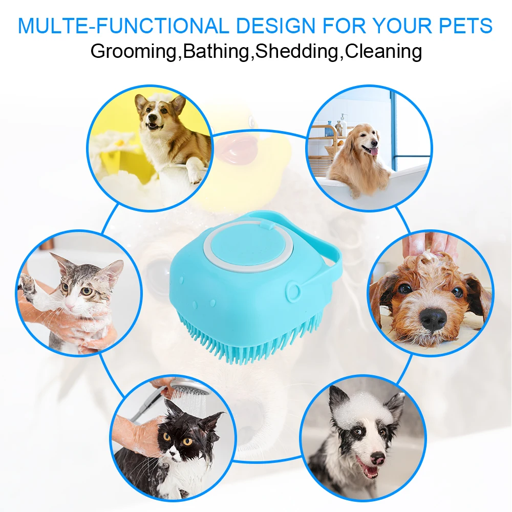 

Pet Dog Bath Brush Puppy Massager With Shampoo Dispenser for Bathing Comb Grooming Short Hair Soft Silicone Rubber Brushes