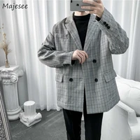 men blazers plaid double breasted long sleeve korean fashion leisure loose mens outwear teens chic ulzzang retro ins bf students