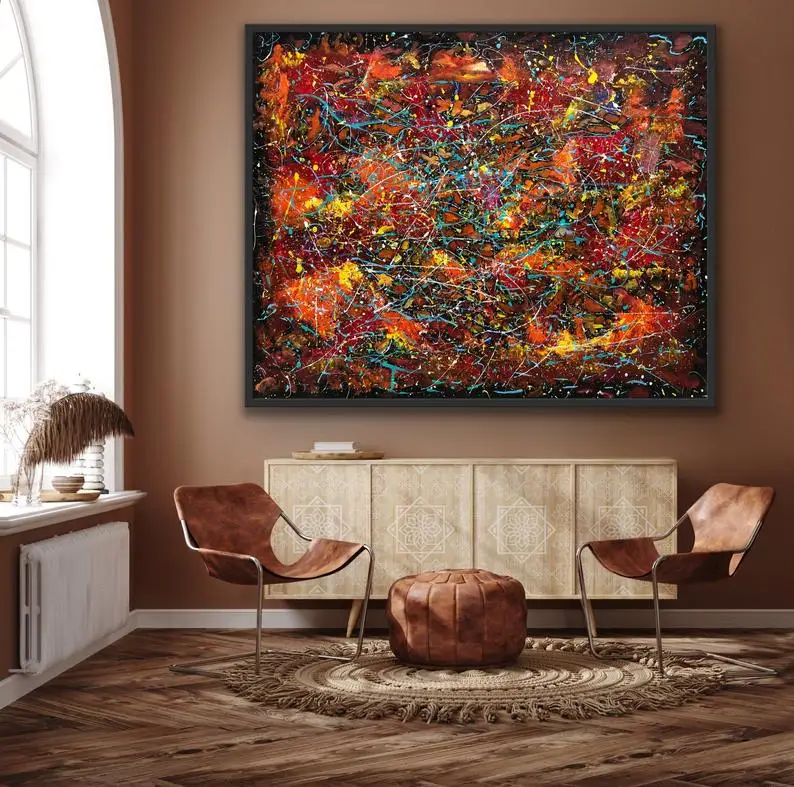 

Картина в стиле Джексона Поллока, абстрактная картина маслом и акрилом, Настенная картина в стиле Поллока, картина маслом, абстрактная карт...