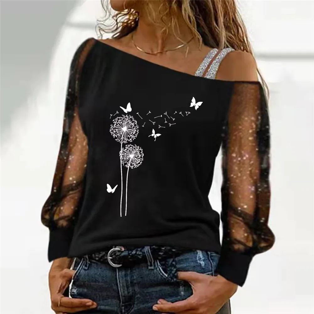 

Dandelion Butterfly Print T Shirt Women 2022 New Spring Clothes Fashion Long Sleeve Tops Off Shoulder Mesh Splice Casual Tshirts