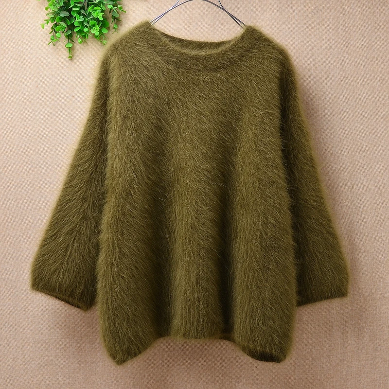 

ladies women fashion hairy fuzzy mink cashmere knitted three quarter sleeves loose round neck pullover angora fur jumper sweater