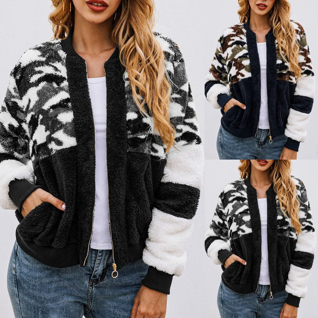 CHAMSGEND Женская Лоскутная камуфляжная блузка с карманами на молнии пальто длинным