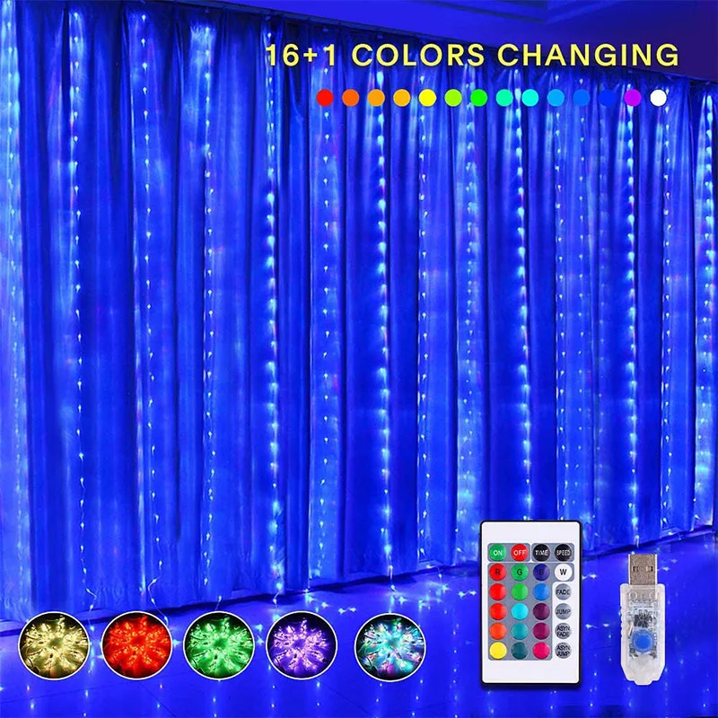 

RGB 16 Color Changing String Lights Fairy Curtain Lights USB Remote Control Garland for Christmas Window Wedding Party Decor