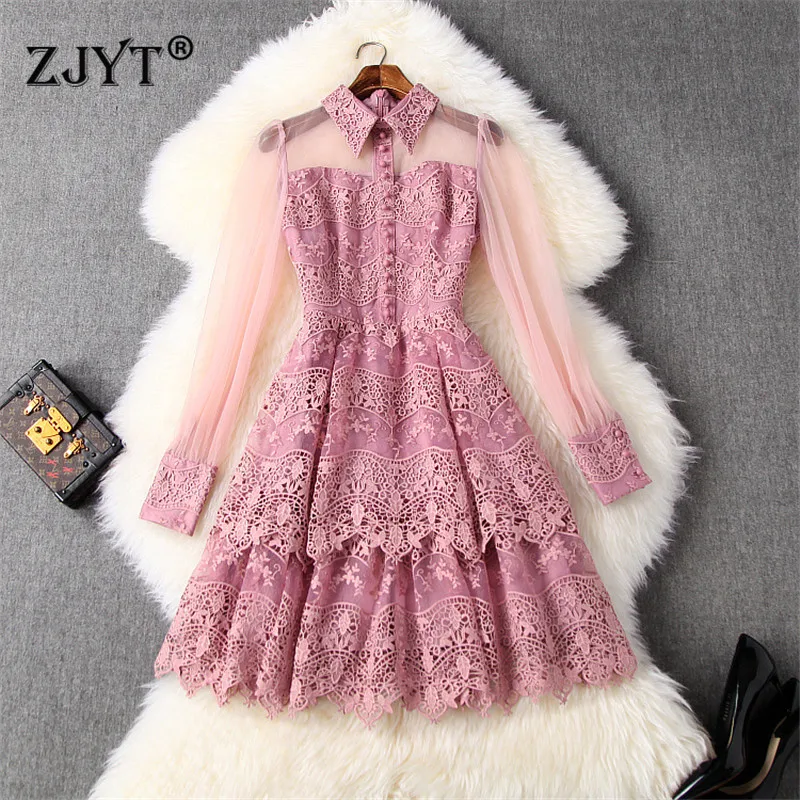 

Fashion Runway Women's Spring Autumn Long Sleeve See Through Mesh Patchwork Embroidery Mini Sexy Lace Dress Party Sweet Vestidos