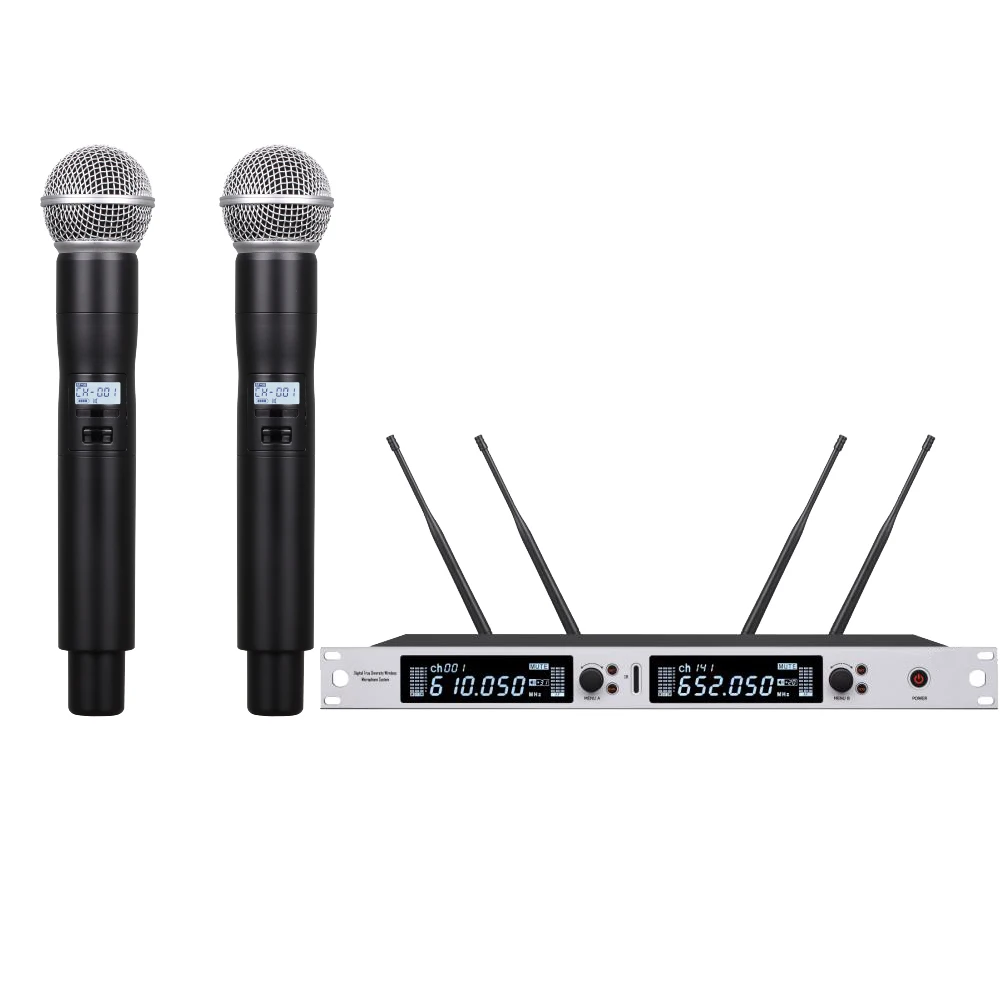 

Микрофон EM6000 Двухканальный UHF PLL цифровой беспроводной SM58 с 4 антеннами