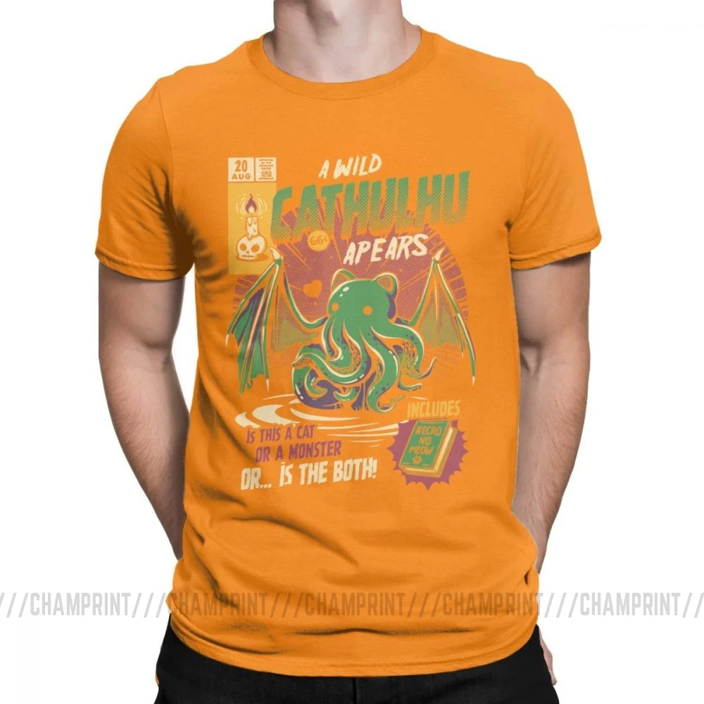 A Wild Cthulhu, футболки для мужчин, чистый хлопок, Повседневная футболка, кот, монстр, череп, Мультяшные топы, Милые Забавные футболки, Новое поступление - Цвет: Оранжевый