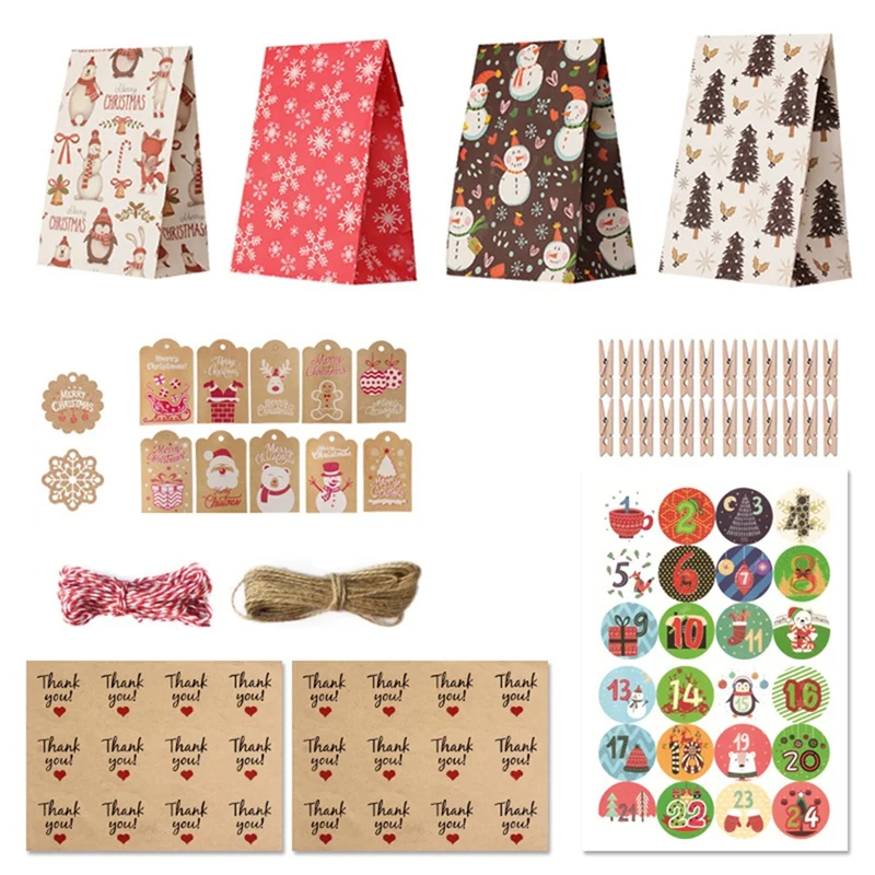 

Мешки с календарём и обратным отсчетом для самостоятельной сборки, подарочные пакеты для конфет и печенья с рождественской елкой, 24 набора
