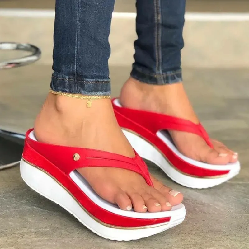 

2021 Women's Sandals Platform Slippers Fashion Metal Button Women Flip Flops Slides Ladies Wedge Shoes Women Outside Sandals