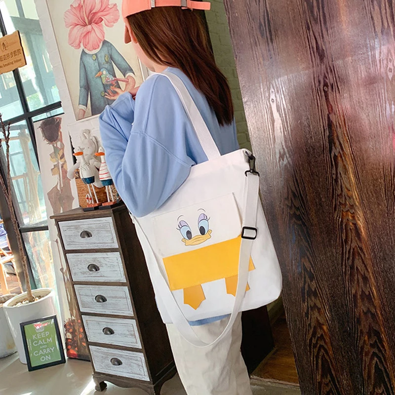 

Fashion White Canvas Shoulder Bag Cute Duck Student Messenger Bag Literary Zipper Luxury Handbags Tote Bag For Women Grils