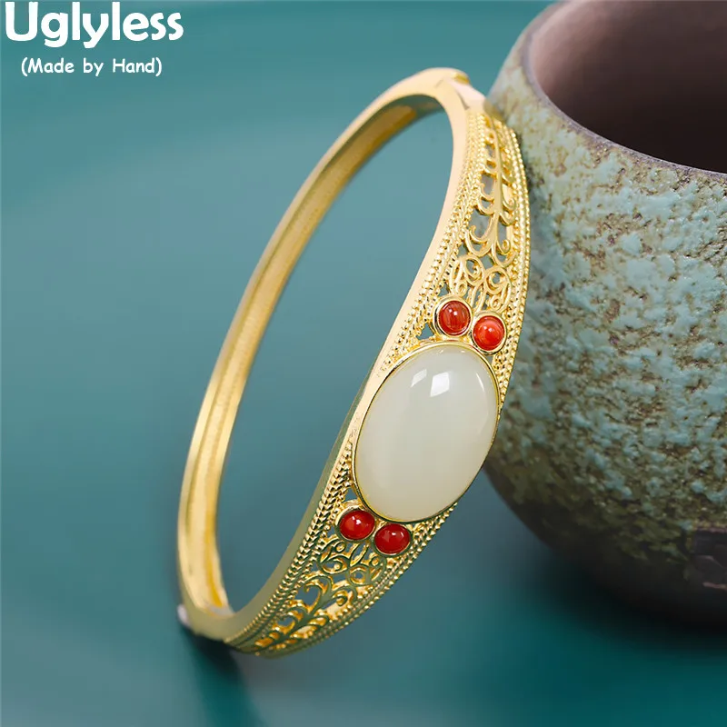 

Uglyless Natural Jade Agate Bangles for Women Hollow Floral Ethnic Open Bangles Vintage 925 Silver Gold Fashion Jewelry Gemstone