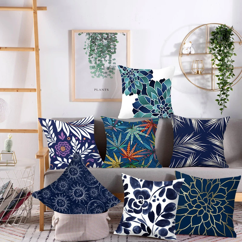 

Printing Pillow Covers Decorative Car Sofa Cushion Cover Bed Pillowcase Flower Pillow Home Decor(45*45cm)navy Blue Pillow Cover