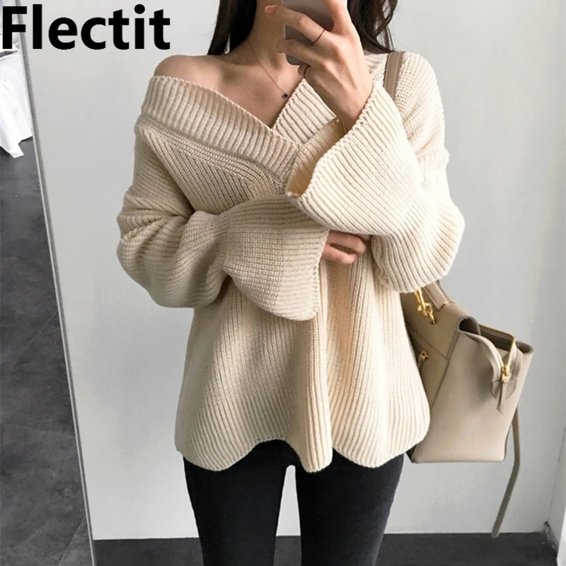 Женский трикотажный свитер Flectit с глубоким V-образным вырезом и расклешенными