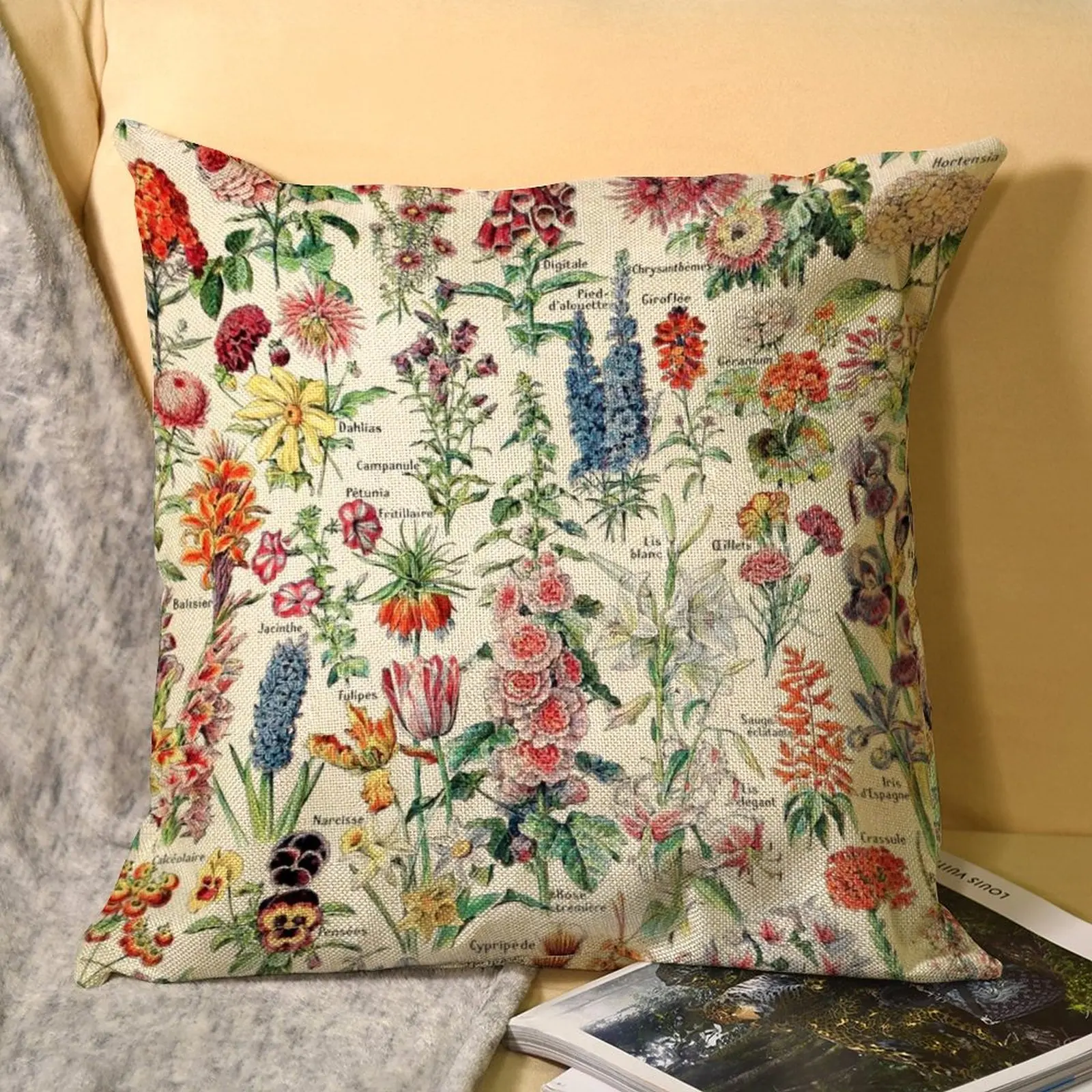 

Double-sided Throw Pillow Adolphe Millot Fleurs French Vintage Flax Gift Living Room Boho Floral Linen Pillow Case Car