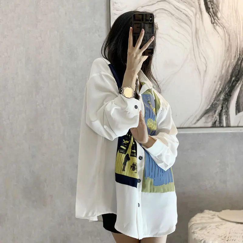 

XITAO Print Turn-down Collar Women Shirt 2021 Summer New Arrival Retro Hong Kong Temperament Fashion Long Sleeve Shirt WMD0545