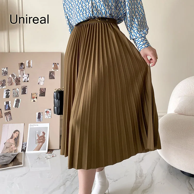 

Женская длинная Плиссированная Юбка Unireal, винтажная эластичная кофейная элегантная Свободная юбка со складками и высокой талией, зима 2022