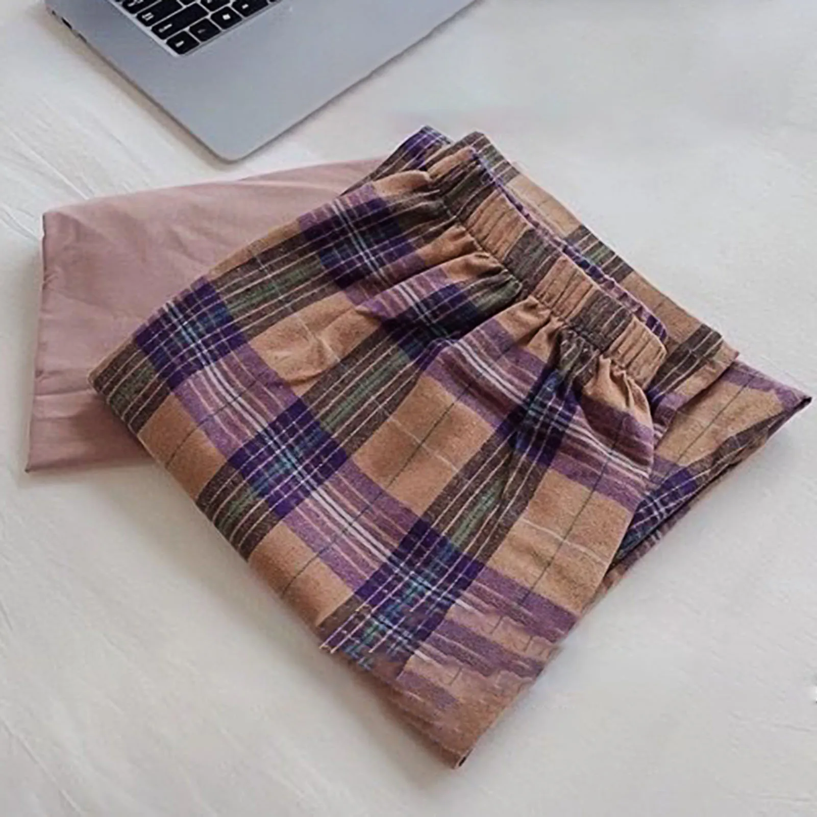 

Women Spring Autumn O-neck Cotton Plaid Long Sleeve Pajama Home Sleepwear Set