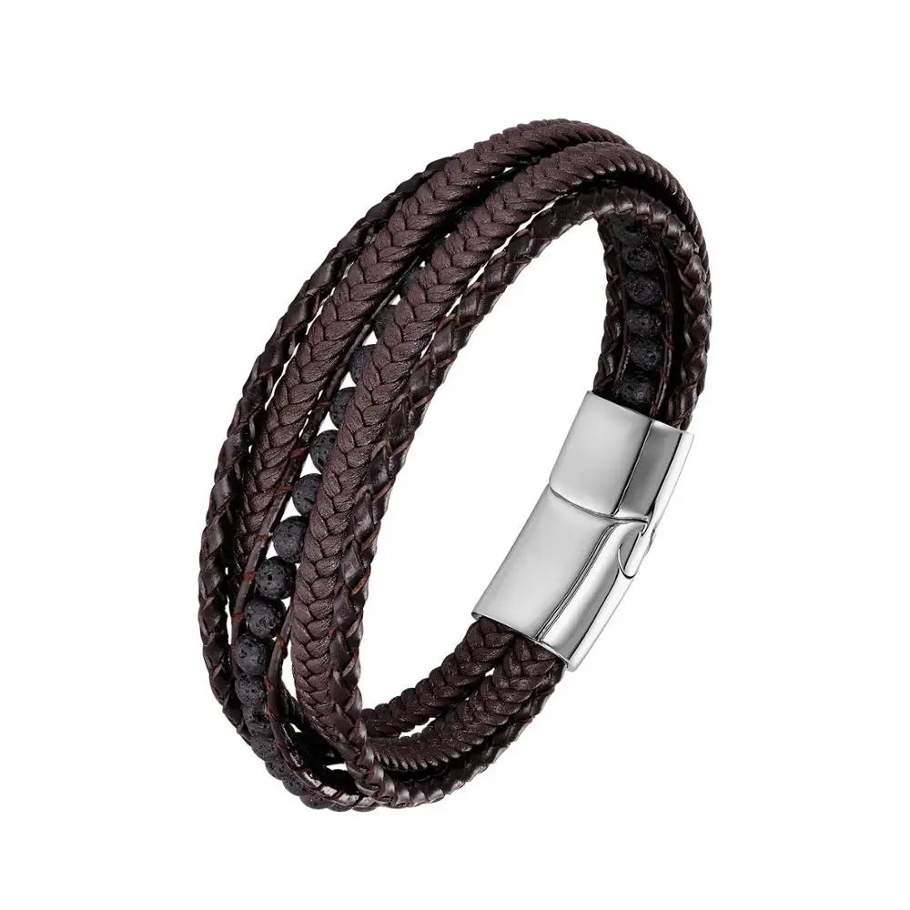 Lava stone Модные Плетеные Многослойные браслеты из натуральной кожи, мужские браслеты с тигровым глазом, каменная веревка, браслет из нержавеющей стали, женские мужские ювелирные изделия - Окраска металла: Lava stone