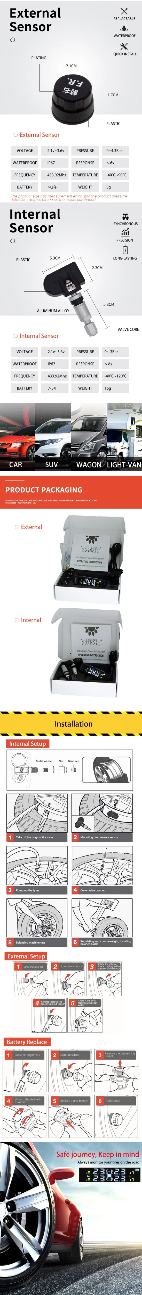 Новое прибытие Солнечная энергия TPMS Беспроводная система контроля давления в шинах для автомобиля SUV микроавтобуса безопасный привод с TPMS