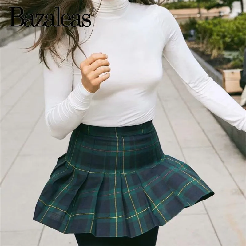 Streetwear High Waist Tartan Green Mini Skirt Punk Women A-line Skirt harajuku plaid skirts womens Casual Slim Short Skirt