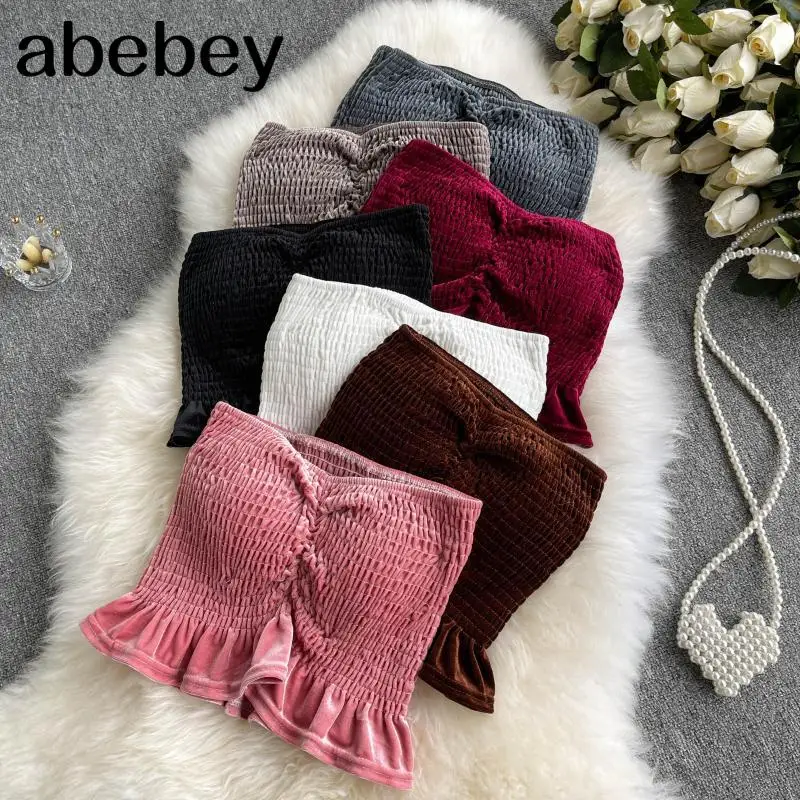 

Топ женский велюровый без бретелек, эластичный облегающий пикантный короткий топ с рюшами и открытыми плечами, в ретро стиле, на лето