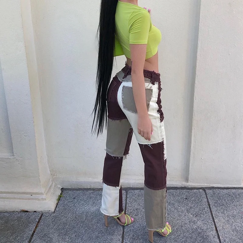 

Брюки женские джинсовые с высокой талией, модные прямые штаны в стиле пэчворк, Повседневная Уличная одежда