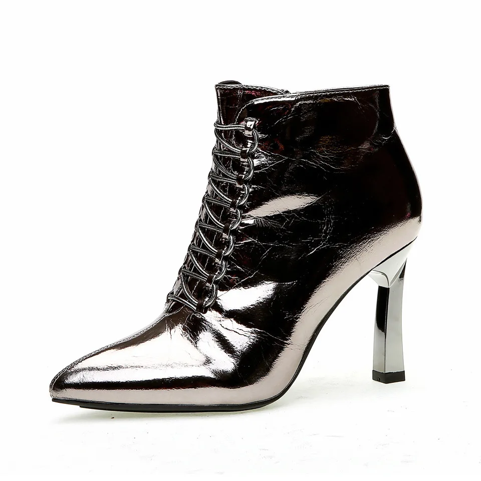 

Crossing Bandage Winter Silver heel Thick Boots heel Patent Leather High Short Boots Knight Boots