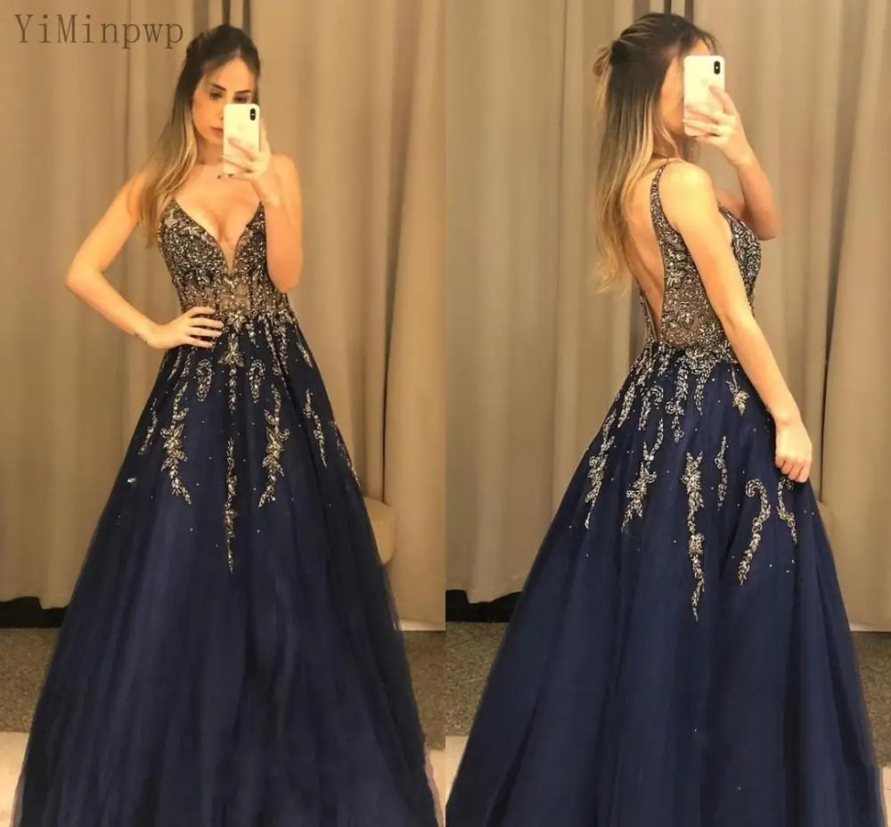 

YiMinpwp темно-синие платья для выпускного вечера длинный V-образный вырез с открытой спиной со шлейфом основное Бисероплетение Иллюзия лиф Фор...