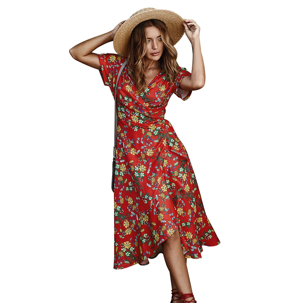 

Jelics 2020 Summer Floral Print Elegant Dress for Women Short Sleeve V-neck Casual High Street Robe Femme Midi Dress