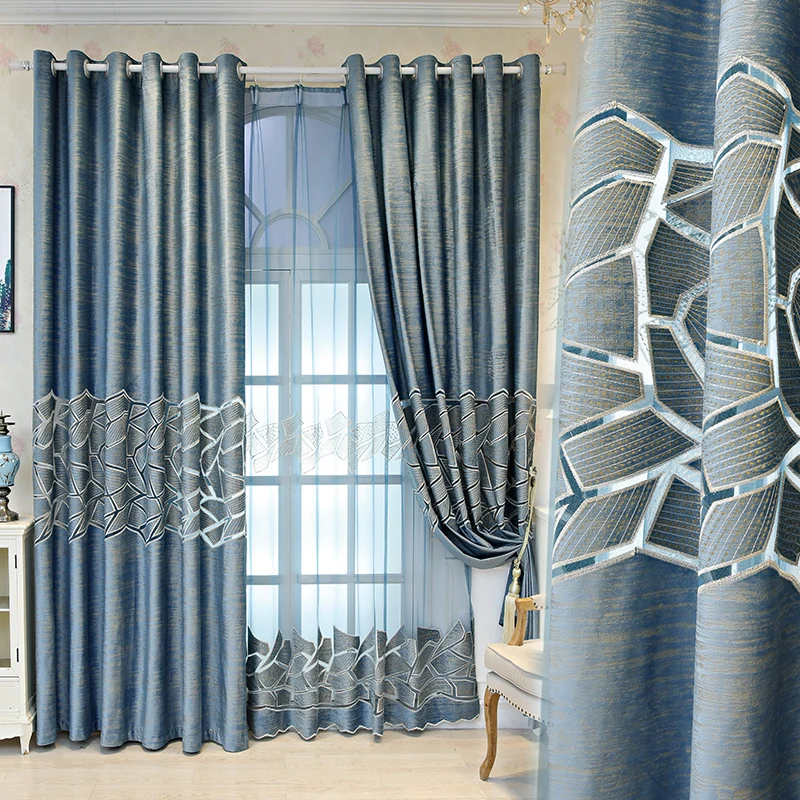 

Custom curtain modern Simplicity embroidered flannel livingroom blue shading bedroom blackout curtain tulle valance drape M873