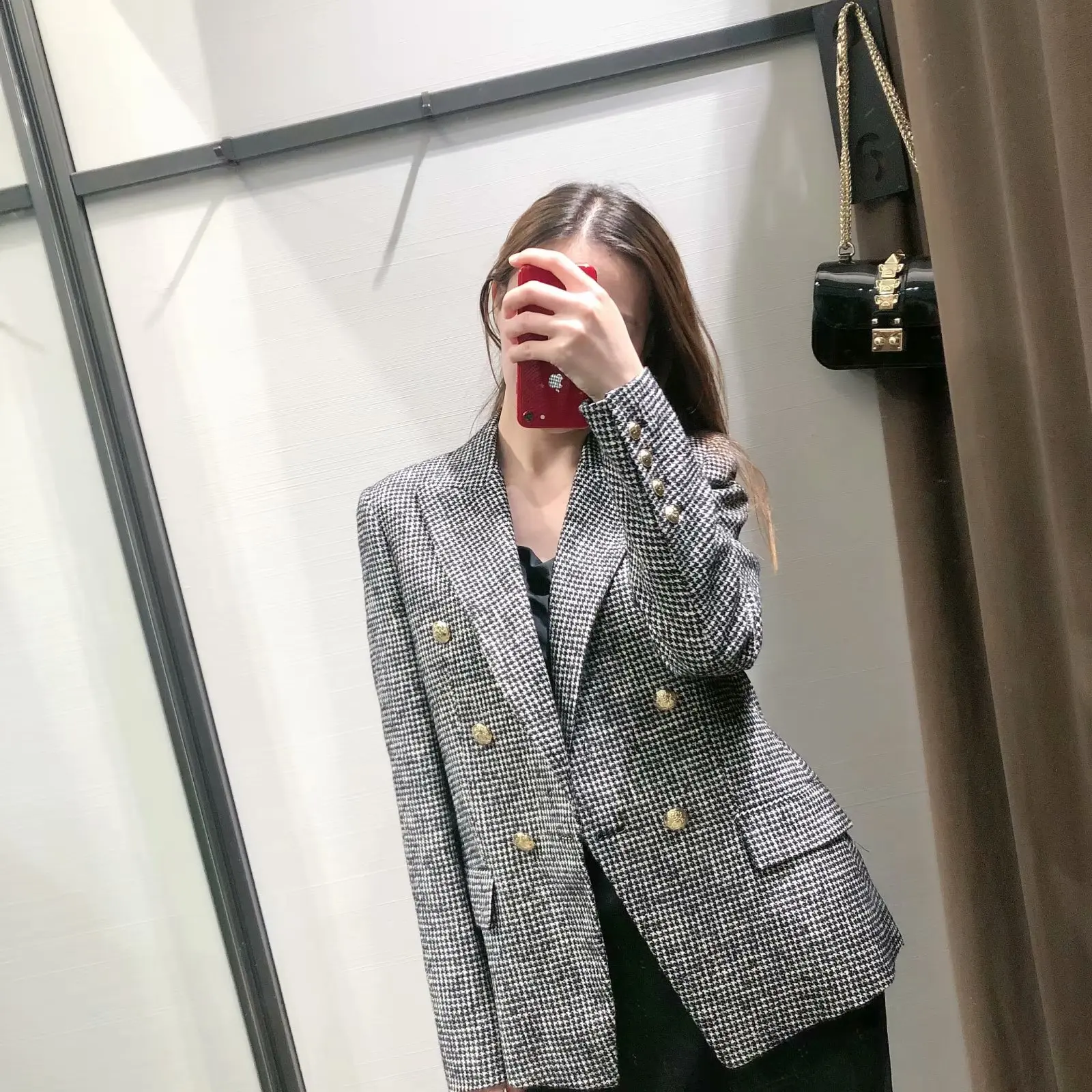 England women blazer elegant office lady Houndstooth Za blazer women outwear long sleeve double breasted female jacket blazer