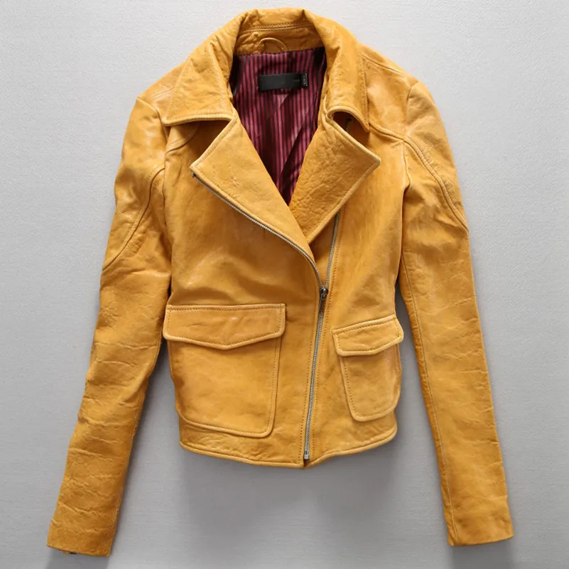 Куртка женская из натуральной кожи приталенный мотоциклетный пиджак с лацканами