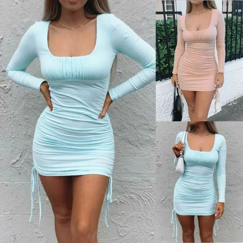 

Women Ruched Drawstring Party Mini Dress Autumn Long Sleeve Bodycon Dresses