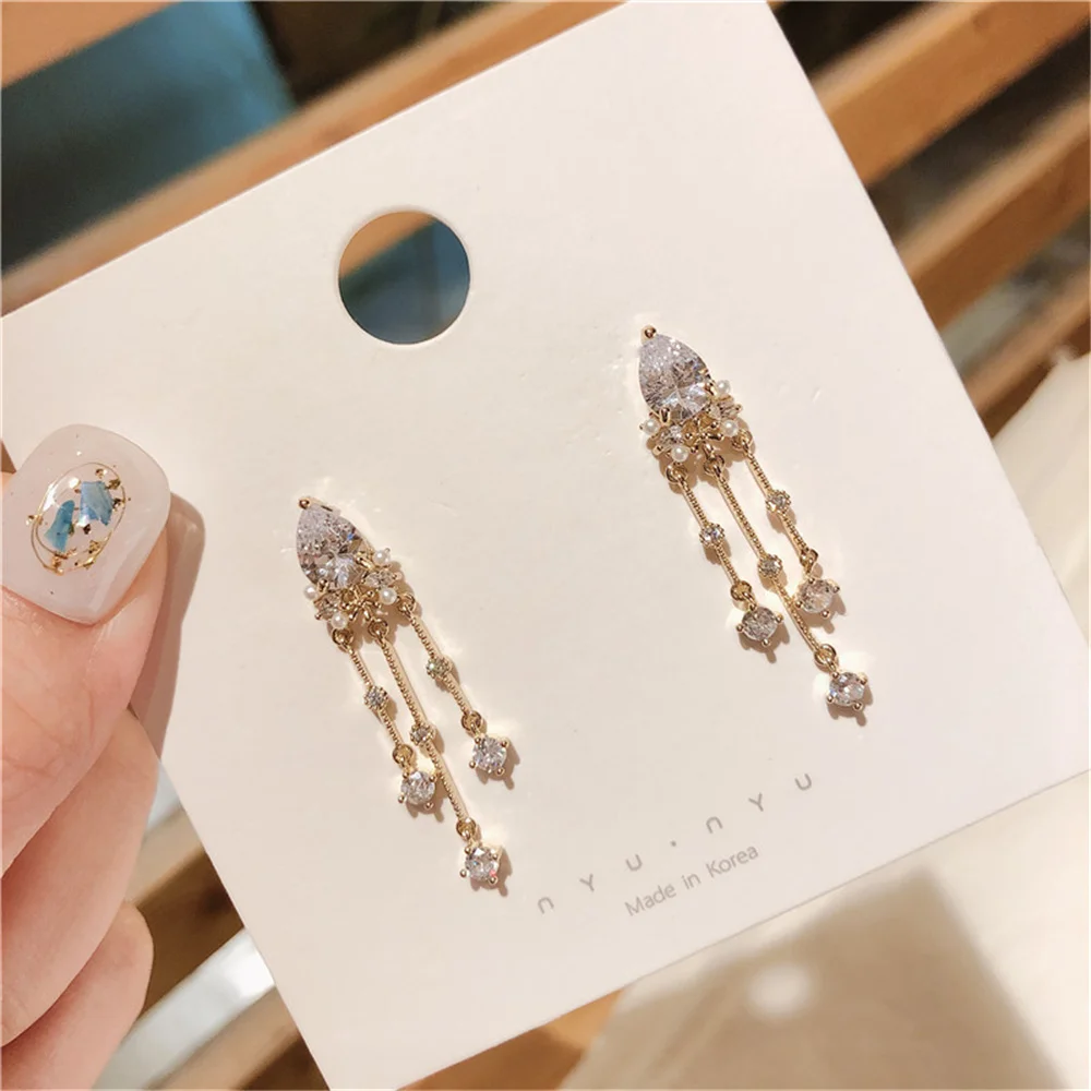 

Exquisite Pearl Long Tassel Drop Earrings for Lady AAA Cubic Zirconia Stud Earrings Party Jewelry Accessories Gift