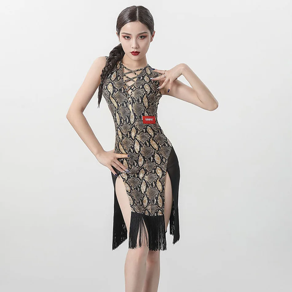 Женское платье для латиноамериканских танцев L9768 в полоску с бахромой на груди