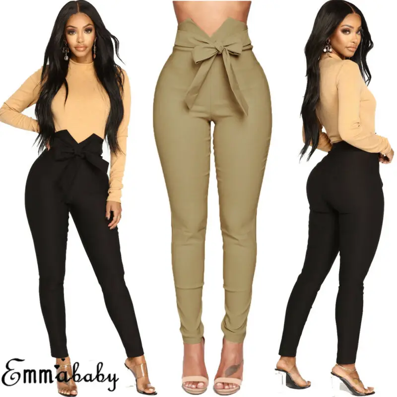

Goocheer Fashion Women High Waist Casual Pants Fashion Bowknot Long Slim Skinny Pant Bandage Elastic Pencil Trousers With Sashes