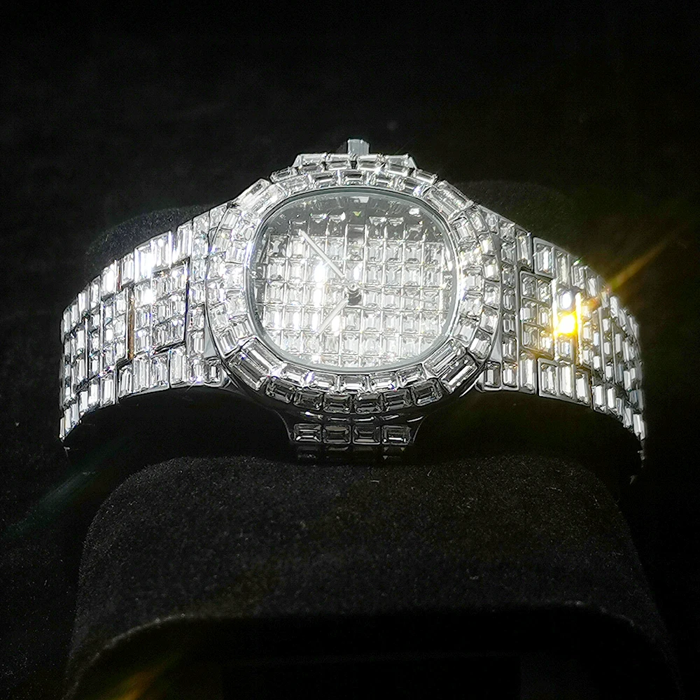 

Hip Hop AAA Baguette Diamond Mens Watches Top Brand Luxury Dress Business Quartz Male Patek Wrist Watch Men Bust Down Jewelry