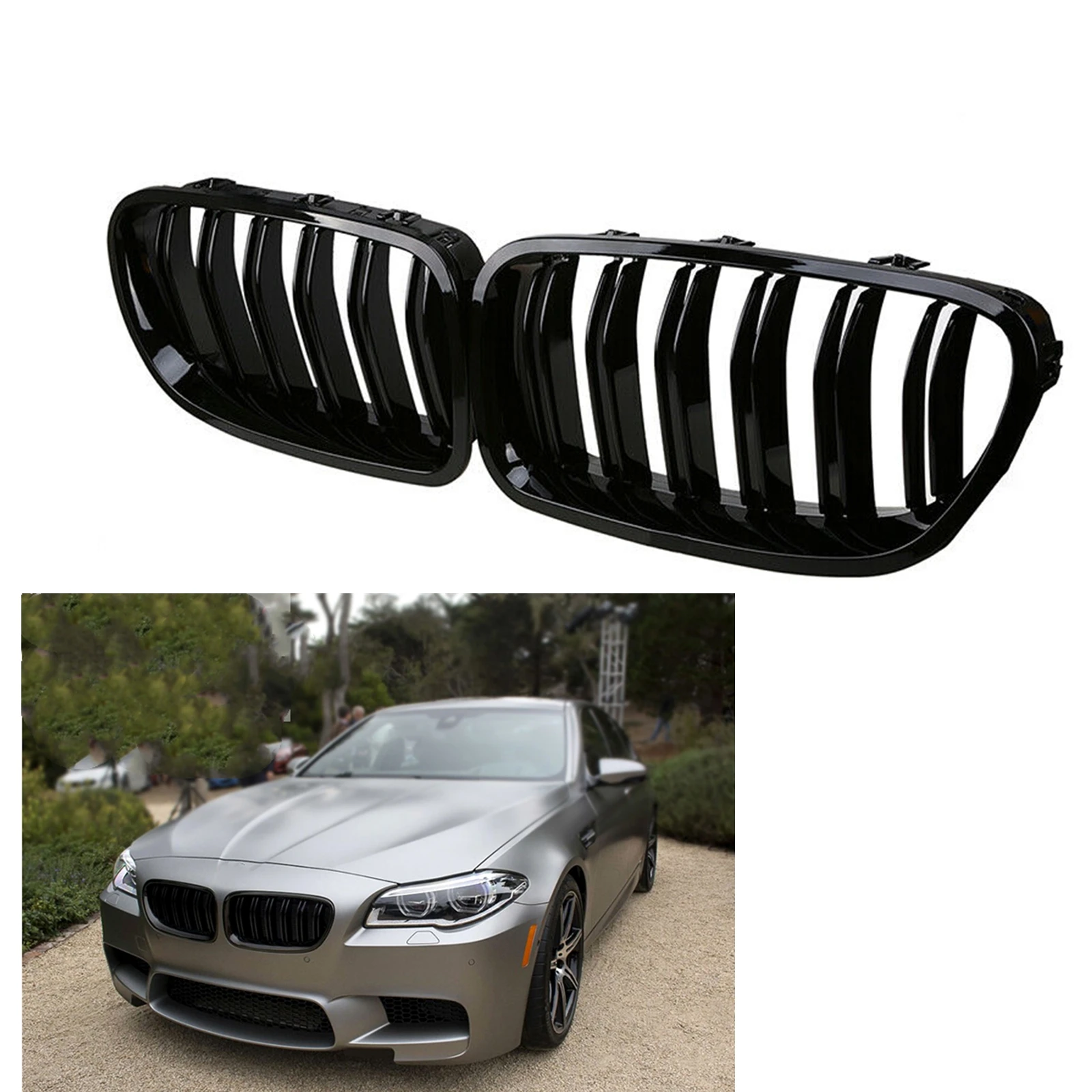 

For BMW 5 Series F10 Sedan 2010-2016 Front Kidney Grille Glossy Black Replacement Fin Upper Bumper Hood Mesh Vent Trim Car Grill