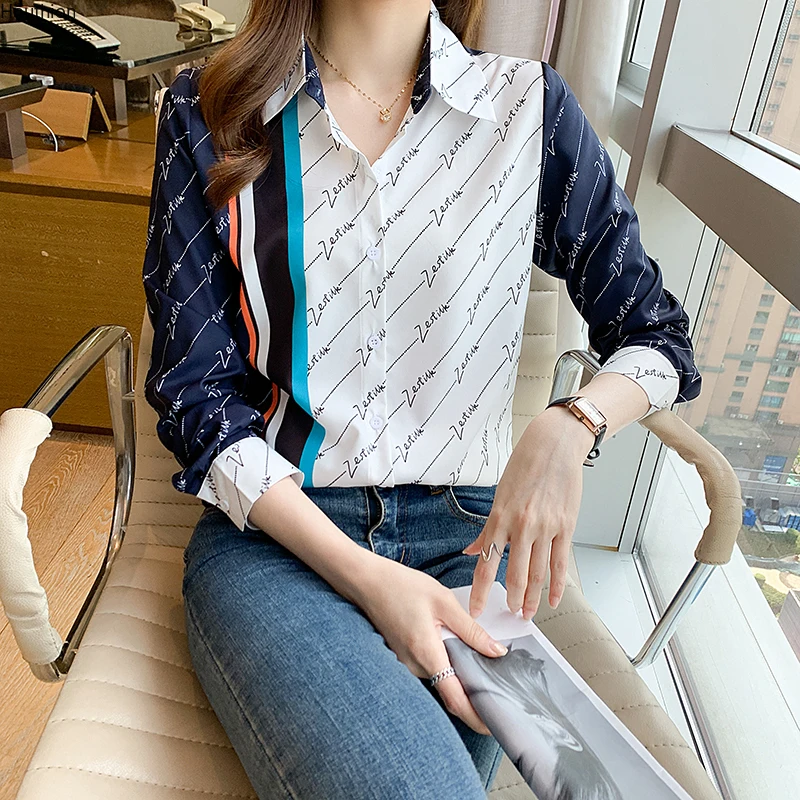 

Autumn New Women's Blouses Polo Shirt Long Sleeve Tops Letter Print Blouse Girl Chiffon Casual Fashion Lady Loose
