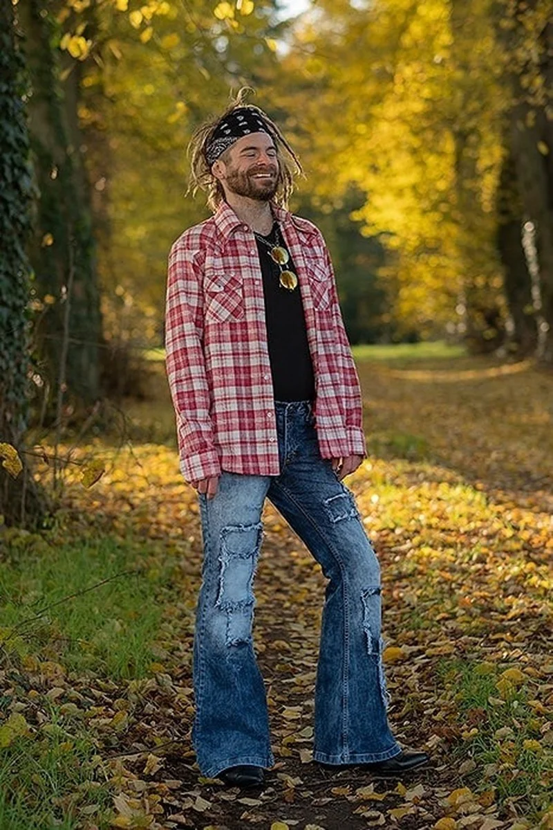 New Men Jeans Patch Elastic Flare Pants Retro Denim Jeans for Men Fashion Patchwork Jeans Casual  Men Clothing