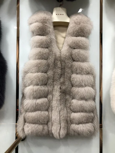 Beige Женский Длинный жилет из натурального Лисьего меха роскошный Теплый жилет подлинный натуральных мех женский жилет S7558 - Цвет: Beige