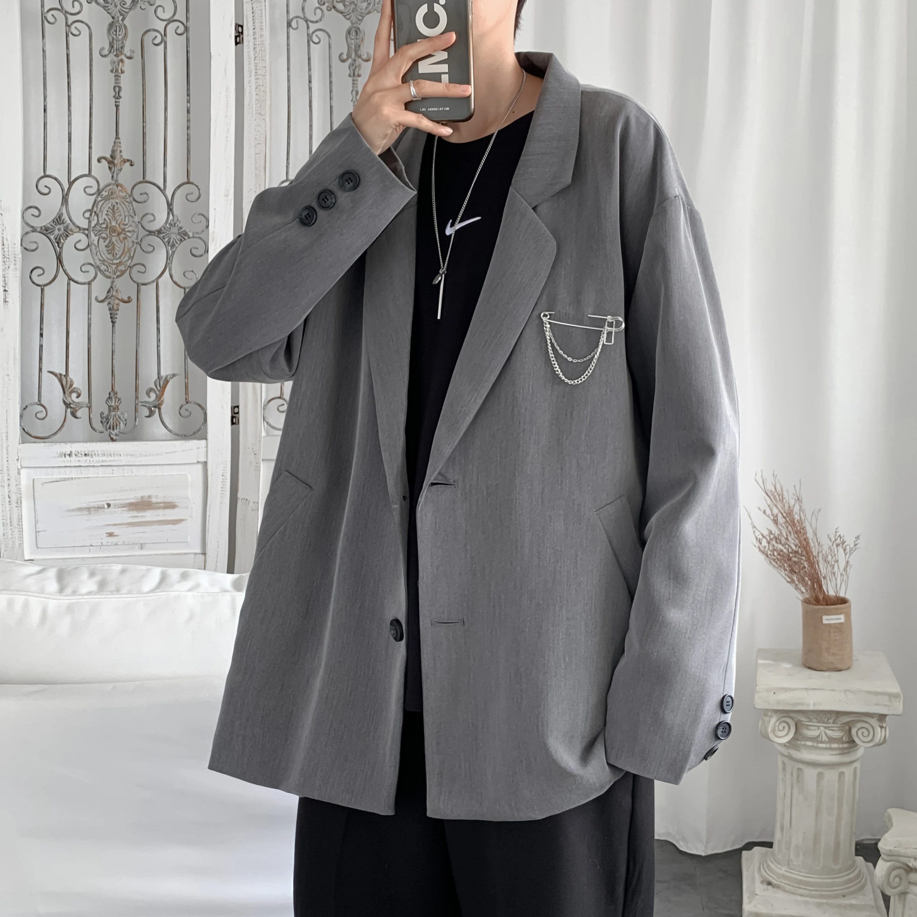 Autumn 2021 Pin Loose Korean Fashion Clothing Oversized Jackets For Young Mens Boyfriend Stylish Blazers Grey Streetwear Black