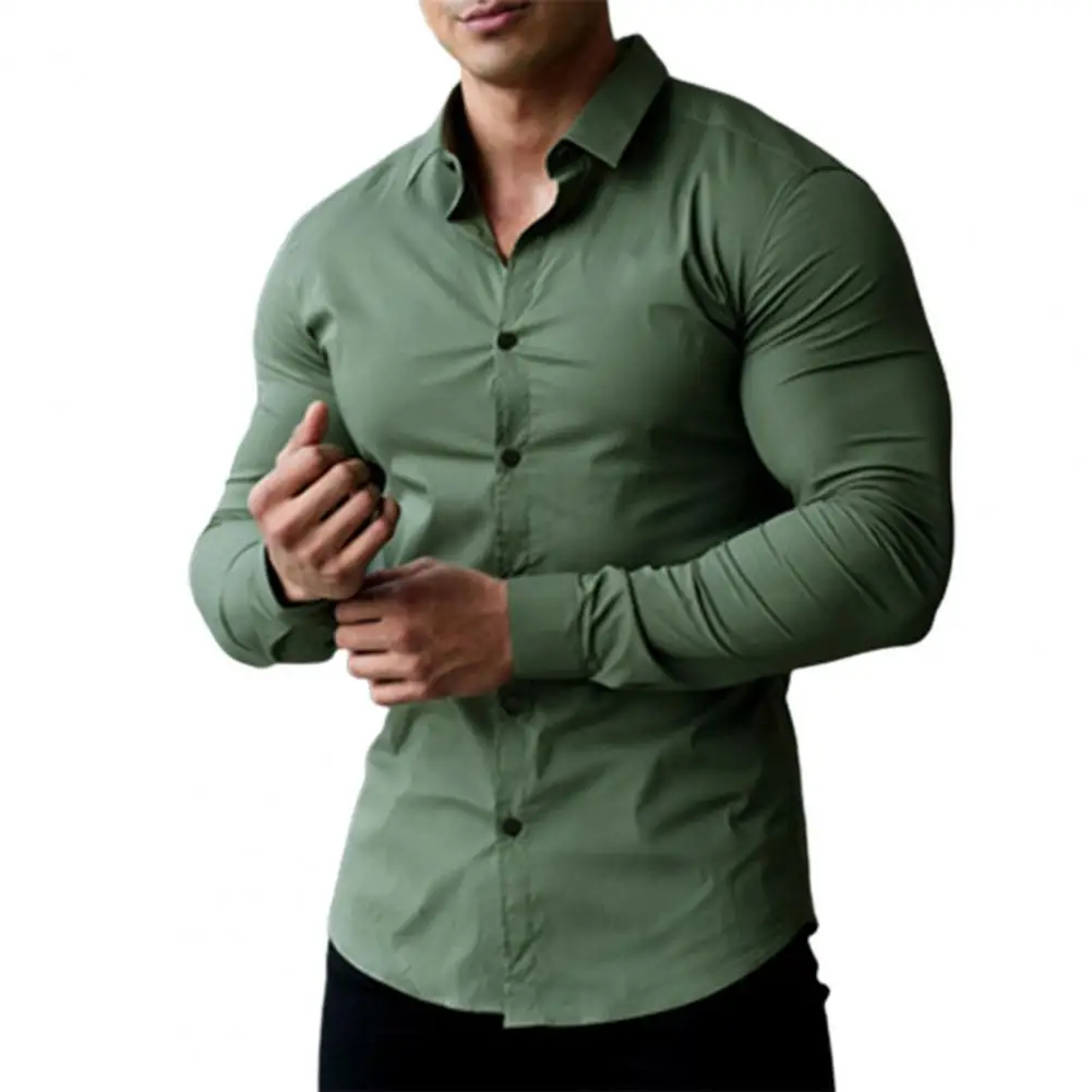 

40%HOTMen Shirt Anti-wrinkle Single-breasted Turn-down Collar Solid Color Muscle Man Shirt for Office