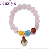 nasiya rose quartz gemstone beads bracelet for women charm bracelet fashion sweet pink crystal bangles pendant jewelry gift 10mm